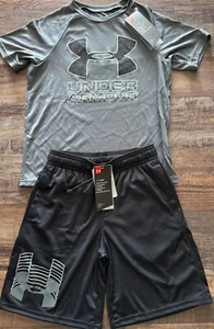 NWT Under Armour YSM Black/Gray/White BIG LOGO Shorts Set Small - Picture 1 of 4