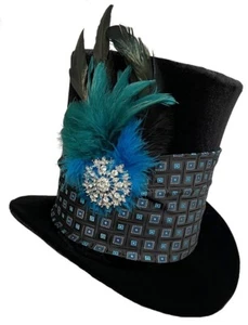 Black Velvet Top Hat Aqua Teal Blue Jewel Feathered Steampunk Dandy Mad Hatter - Picture 1 of 6