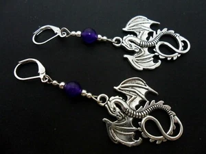 A PAIR TIBETAN SILVER DANGLY DRAGON & PURPLE JADE BEAD LEVERBACK HOOK EARRINGS. - Picture 1 of 1