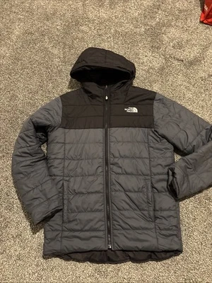 The North Face Boys XL Quilted Reversible Jacket Hood Pockets Grey Black - Image 1 of 4