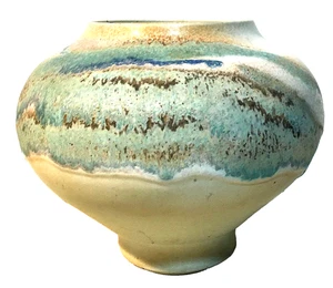 Charles Focht Studio Keramik Vase weiß blau grün Tropf 5" H 6" B 1990 signiert - Bild 1 von 9