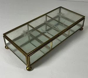 Vintage Etched Floral Glass Brass Mirror Curio Jewelry Box Casket MCM - Picture 1 of 7