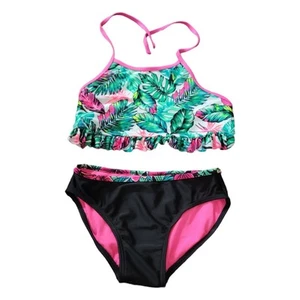 Xhilaration Tropical 2 Piece Swimsuit Pink Black Leaf Frond Swimwear Girls SZ M - Picture 1 of 3