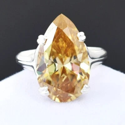 Certified 12 Ct Champagne Pear Shape Solitaire Treated Diamond 925 Silver Ring - Image 1 of 4