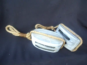 2 vintage style wooden ship boat pulleys rope nautical barn decor grey - Picture 1 of 3