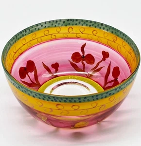 Beautiful Hand-Painted Fiasco Inc Art Glass Bowl With Bright Floral Design - Picture 1 of 10