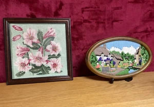 Vintage 2 Embroidered Pictures framed country cottage oval and flowers old tlc - Picture 1 of 10