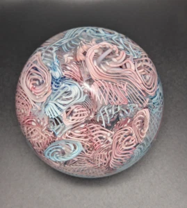 Vintage Murano Art Glass Paperweight Latticino Swirl Blue Pink Ribbons Sticker - Picture 1 of 12