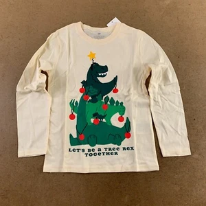 H&M Boys Size 6X/7 Cream Tree Rex Holiday Dinosaur Graphic Long Sleeve Tee NWT - Picture 1 of 4