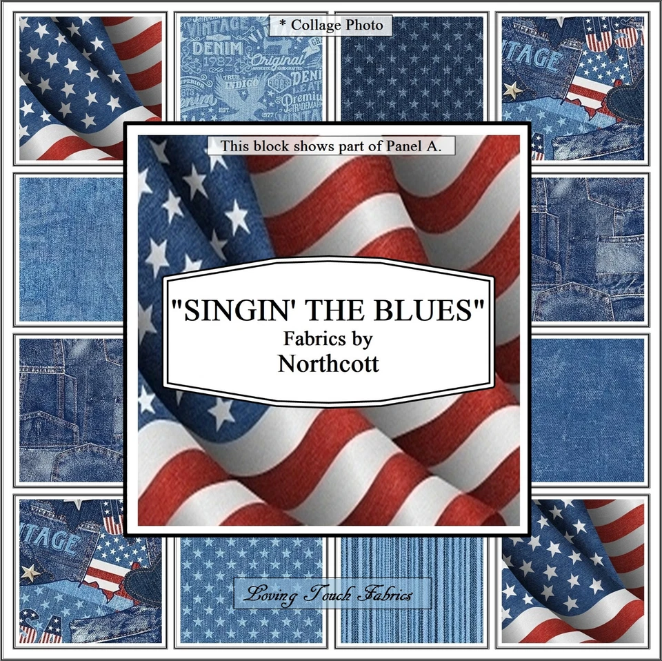 NORTCOTT, SINGIN' THE BLUES", PATRIOTIC, JEANS, STARS, PRICED BY 1/2 YD & PANEL - Image 1 of 1