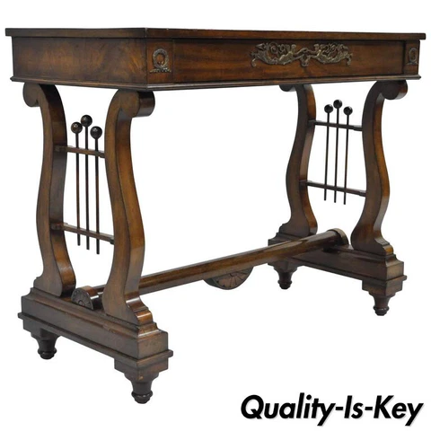 French Neoclassical Regency Style Mahogany One-Drawer Lyre Desk Console Table Cover