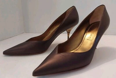 Zapatos de salón Casadei Italia cuero marrón brillante puntiagudo dorado mármol tacones Wmn 9 Foto 1 de 4
