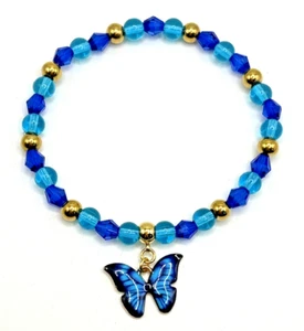 7.5" Blue Enamel & Glass BUTTERFLY Stretch Bracelet w stainless steel Gold Beads - Picture 1 of 4