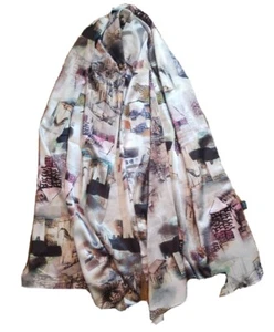 100 % Seide Schal Shaw mit Asain Häuser und Boote groß 29" x 63" - Bild 1 von 5