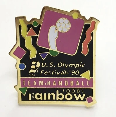 Prendedor sombrero solapa vintage Rainbow Foods Festival Olímpico de Estados Unidos 1990 EQUIPO BALONMANO Foto 1 de 3