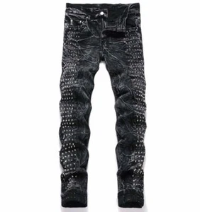 Herren Schwarz Denim Jeans Gerades Bein Nieten Hose Motorrad Punk Hose Neu - Bild 1 von 11