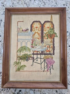 Crewel Embroidery Nostalgia Ice Cream Parlor Plants Completed Framed Scene 1970s - Picture 1 of 17