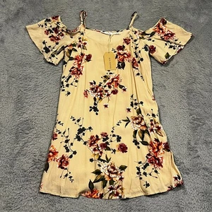 Blu Pepper Floral Cold Shoulder Shift Dress Women's Small Beige Tan Lined NWT - Picture 1 of 15