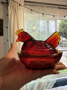 Vibrante Vintage Vetro Amberina Gallina Su Nido Cadmio Arancione Rosso Unico Alto 3” - Foto 1 di 15