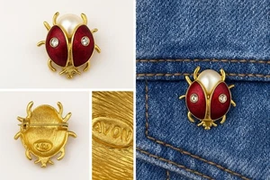 Vintage Avon Ladybug Brooch Red Enamel Rhinestone Pearl Gold Tone Pin - Picture 1 of 4
