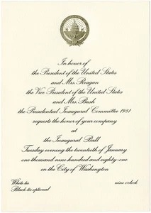 Ronald & Nancy Reagan 1981 baile inaugural invitación de inauguración - Imagen 1 de 2