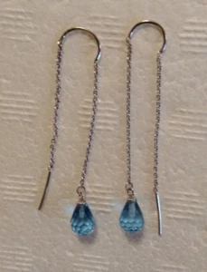 Sterling Silver 925 W/ Faceted Blue Glass Threader Dangle Earrings Exc Cond - Picture 1 of 4