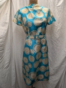 Vtg. 1960's Teal Gold Tan Silk Blend Dress by Marjorie Montgomery M - Picture 1 of 7