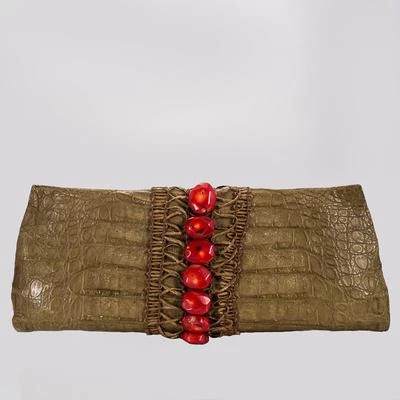 PAIGE GAMBLE GAMBELLE CLUTCH HANDBAG CAYMEN CROC SKIN WITH RED CORAL - Image 1 of 4