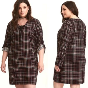 Neu Plus 0X (12) Torrid weinrot kariert Mod Punk Challis Schnürung vorne Hemdkleid - Bild 1 von 1