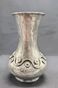 1950 LOS CASTELLO MEXICAN HAND WROUGHT SILVERED OLLA STYLE INLAID ABALONE VASE - Picture 1 of 13