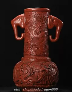 21.6" Old Chinese Wood Red lacquerware Carved Dragon Beast 2 Ear Bottle Vase - Picture 1 of 9
