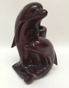 Vintage Solid Wood Hand Carved DOLPHINS Statue Vase Figurine 9 1/2” - Picture 1 of 5