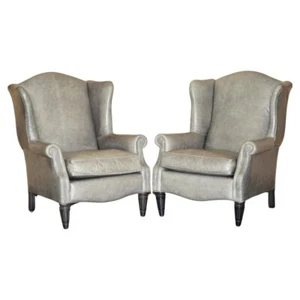LUXURY PAIR OF CONTEMPORARY GREY BLUE LEATHER WINGBACK ARMCHAIRS EBONISED LEGS - Picture 1 of 23