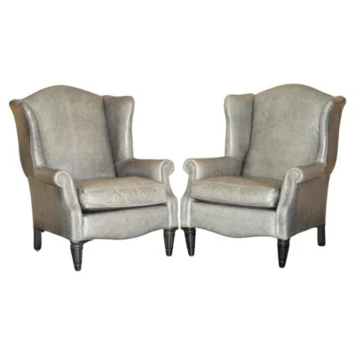 LUXURY PAIR OF CONTEMPORARY GREY BLUE LEATHER WINGBACK ARMCHAIRS EBONISED LEGS - Image 1 of 4