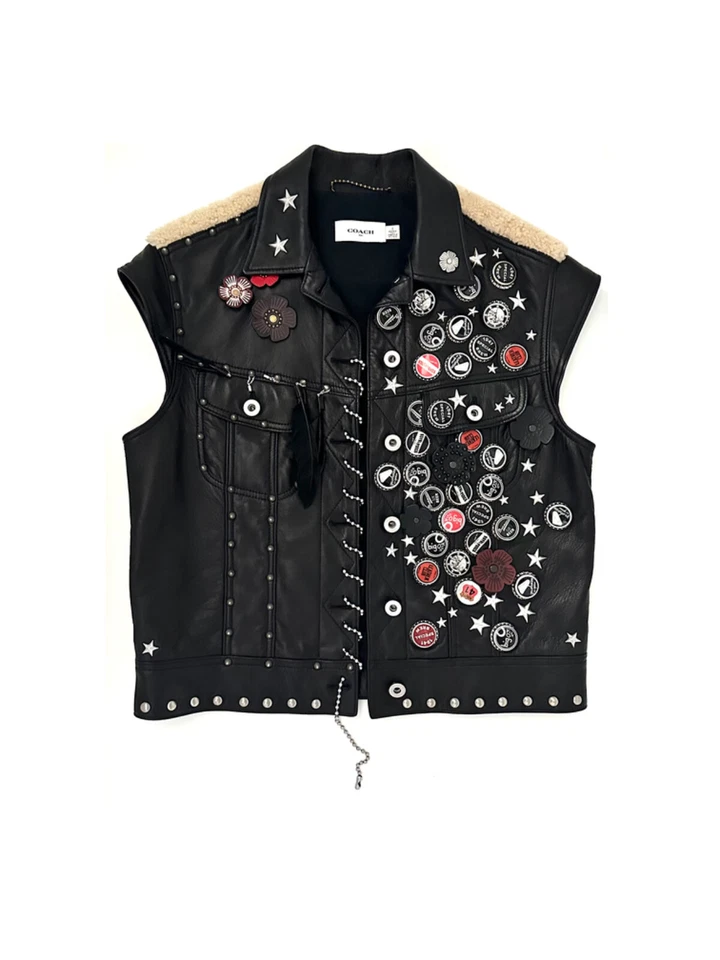 Coach Embellished Cap Sleeve Black Leather Vest  Size 2 - Image 1 of 4