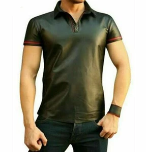 Men's Shirt Polo Shirt Short Sleeve Real Lamb Leather Choice Of Pipping(3 Color) - Picture 1 of 5