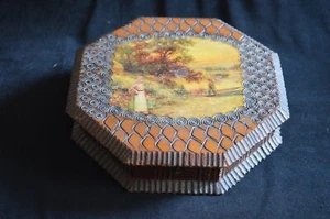 Antique Pyrography OCTAGON WOOD BOX Transfer Country Scene Hand Crafted Original - Picture 1 of 7