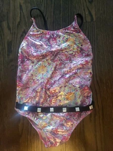NWT RANDOM HEARTS KALEIDOSCOPE FOIL 1-PC TANK SWIMSUIT PINK ORANGE BLACK BELT 14 - Picture 1 of 5