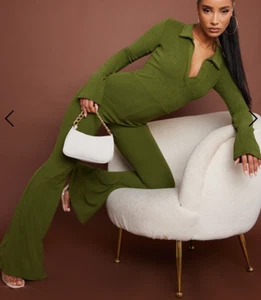 Pretty Little Thing Maternity Olive Ribbed Collar Long Sleeve Jumpsuit Sz 6 NWT - Picture 1 of 5