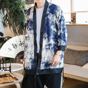 Mens Ethnic Shirt Japanese Kimono Top Blouse Raglan Sleeve Retro Loose Cardigan - Picture 1 of 9
