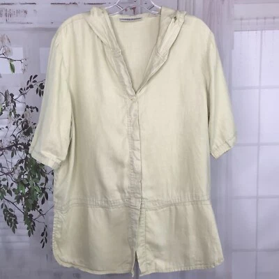 Valerie Stevens M Shirt Pure Linen Light Green Hooded Vtg 90s S/S V-neck Top  - Изображение 1 из 4