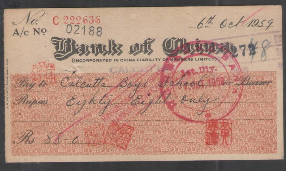 India 1959 Bank of China Calcutta small size Bank Cheque used - Image 1 of 1
