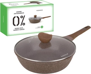 Tegame Antiaderente 0 Grassi, Tegame Induzione Con Coperchio Marrone Con Manici - Foto 1 di 12