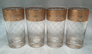 Set/4 MCM Vintage Durchbruch Brokat Gold Longdrinkgläser mit blauem Akzent 5,5" CUV23 - Bild 1 von 3