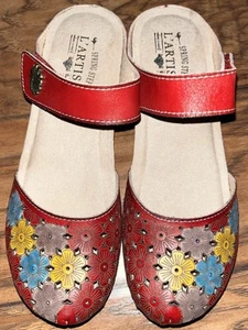 Spring Step L'Artiste Spikey Size 6.5/37 Red Flowers Leather Sandals Mules Clogs - Picture 1 of 5