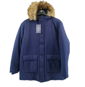 St John's Bay Mens Parka Coat Jacket Faux Fur Hood Water Resistant Navy Blue Med - Picture 1 of 9