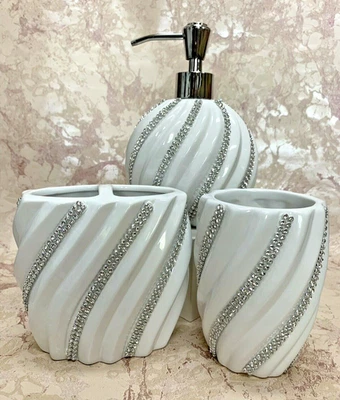 NEW! BELLA LUX 3Pc. Bathroom Accessory Set White Swirl With Crystals Rhinestones - Image 1 of 4