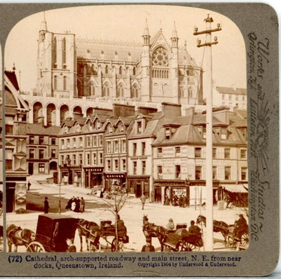 IRELAND, Queenstown, Cathedral, Arch Supported Road & Main St-U&U Stereoview O75 - Изображение 1 из 4