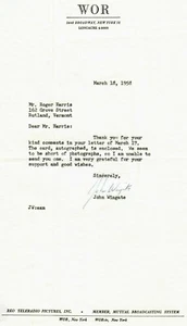 RARO! "WOR New York Radio Legend" John Wingate firmato a mano TLS datato 1958 - Foto 1 di 1