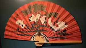 Vintage Hand Painted Folding Bamboo Fan 63" x 35" Extra Large Red Wall Art Decor - Picture 1 of 7